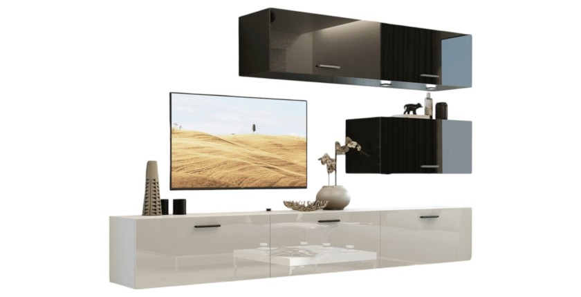 Ensemble de meubles de salon noir et blanc, suspendus collection CEPTO XXV. 249cm, 6 meubles, leds, modulables.
