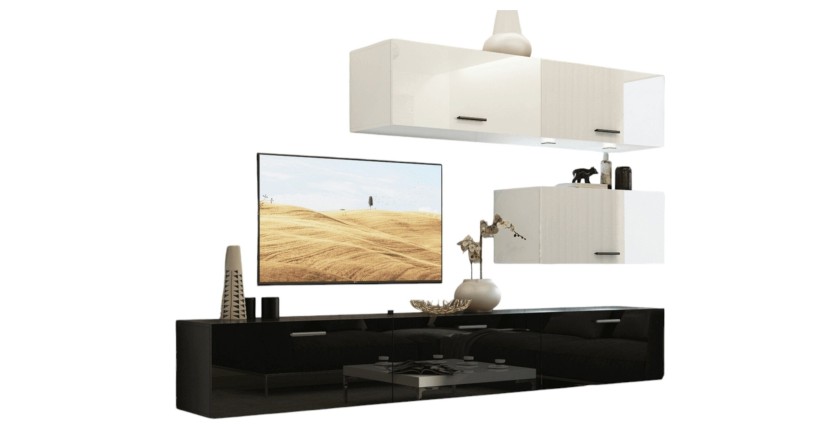 Ensemble de meubles de salon blanc et noir, suspendus collection CEPTO XXV. 249cm, 6 meubles, leds, modulables.