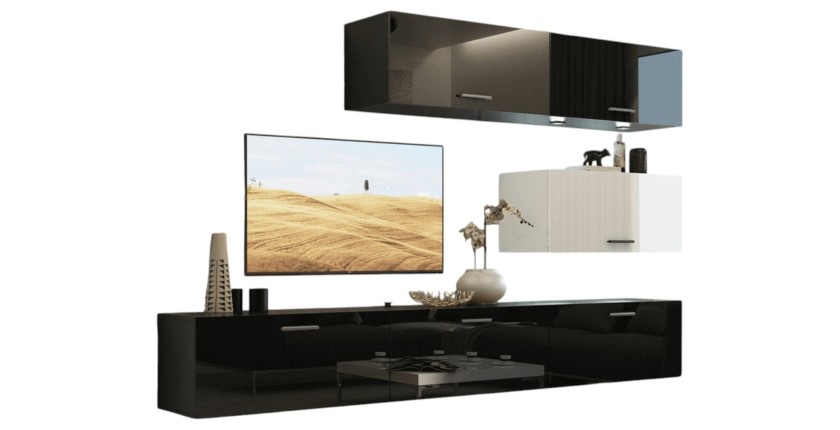 Ensemble de meubles de salon noir et blanc, suspendus collection CEPTO XXV. 249cm, 6 meubles, leds, modulables.