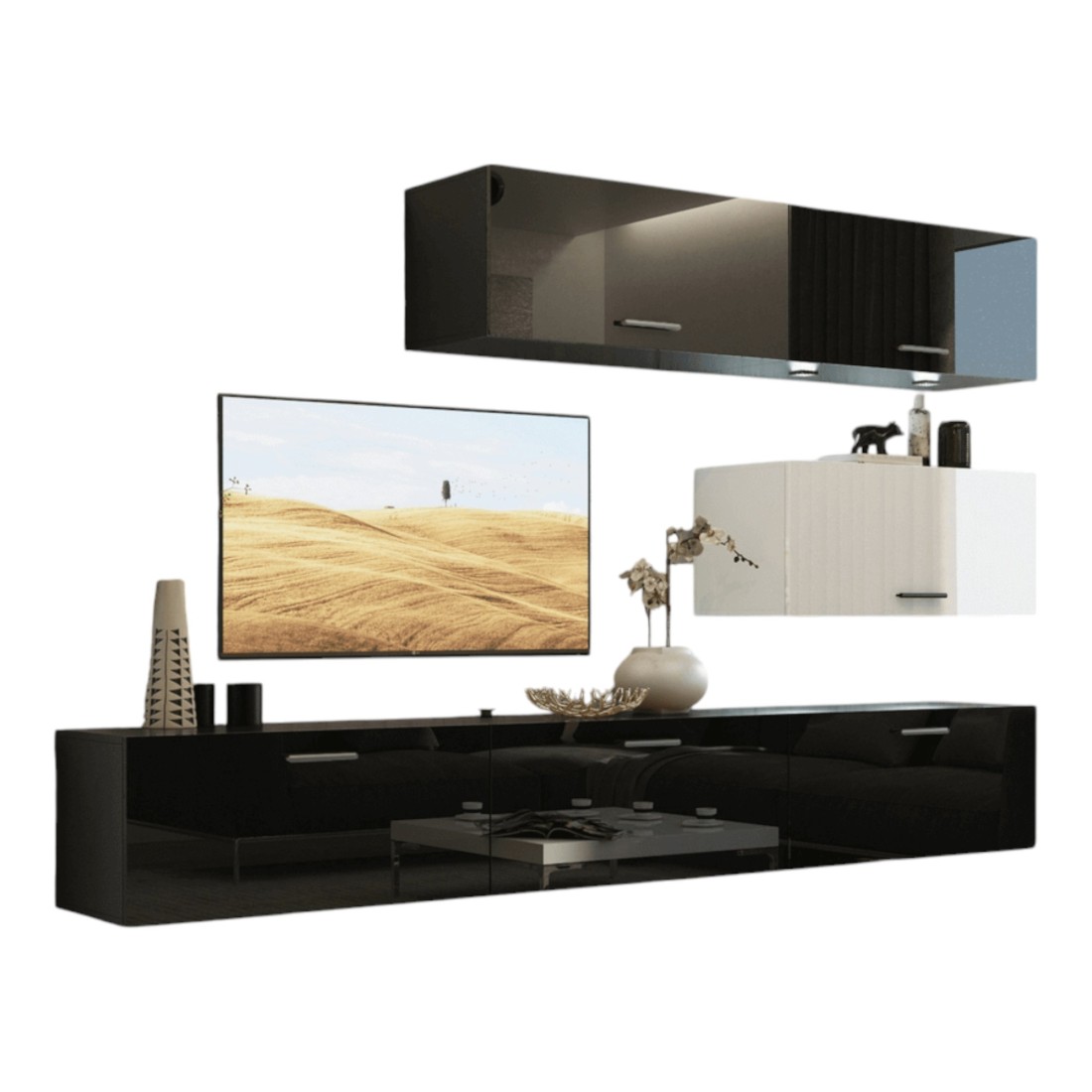 Ensemble de meubles de salon noir et blanc, suspendus collection CEPTO XXV. 249cm, 6 meubles, leds, modulables.