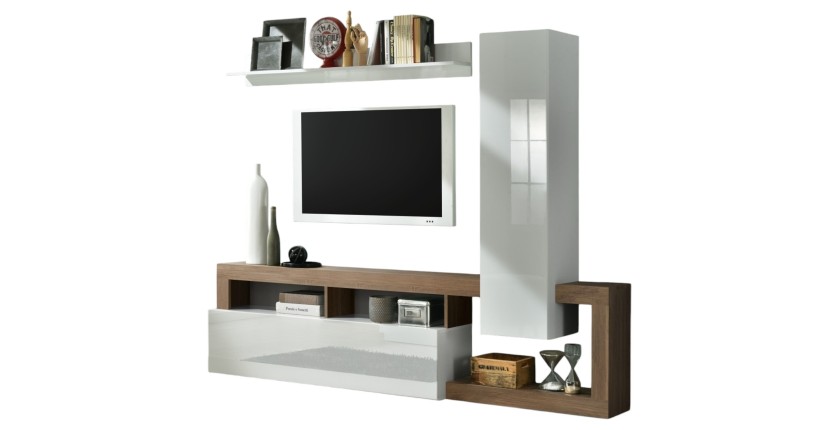 Ensemble meubles salon avec rangements, collection BURA, longueur 219 cm, blanc laqué/chêne mercure
