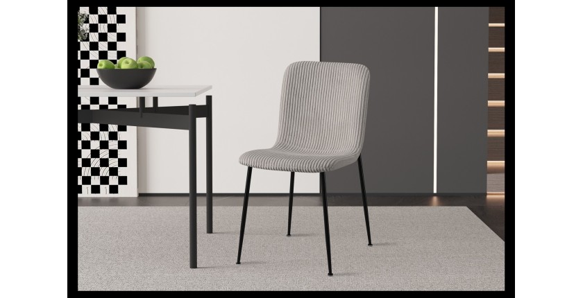 Chaise de salle à manger CORDUROY – Velours côtelé gris clair – Pieds en métal noir – Style design