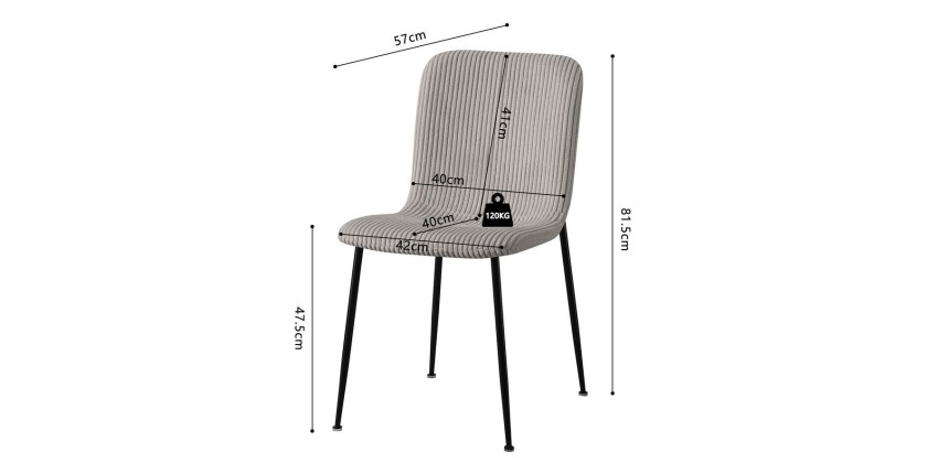 Chaise de salle à manger CORDUROY – Velours côtelé gris clair – Pieds en métal noir – Style design