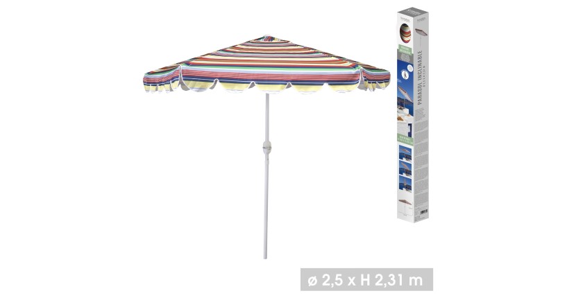 Parasol inclinable multicolore – Ø2,50m – H2,31m – Aluminium – Toile polyester 160g/m² – Manivelle