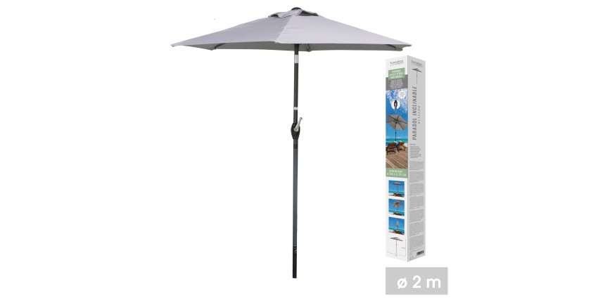 Inklusiver Sonnenschirm in Hellgrau – Ø2m – H2,13m – Stahl – Polyesterstoff 160g/m² – Kurbel