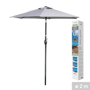 Inklusiver Sonnenschirm in Hellgrau – Ø2m – H2,13m – Stahl – Polyesterstoff 160g/m² – Kurbel