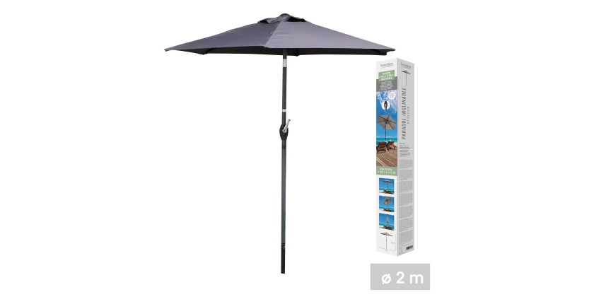 Parasol inclinable gris anthracite Ø200 cm – Mât acier Ø34 mm – Toile polyester 160g/m² déperlante