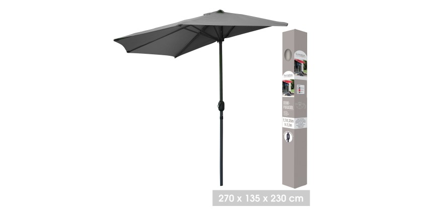 Demi-parasol mural gris anthracite – 270x135x230cm – Aluminium – Toile polyester 180g/m² – Manivelle