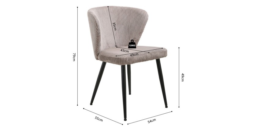 Chaise de salle à manger TORONTO – Velours côtelé sable – Pieds en métal noir – Style design
