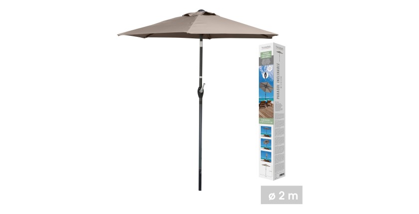 Parasol inclinable taupe – Ø2m – H2,13m – Acier – Toile polyester 160g/m² – Manivelle