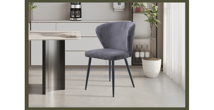 Chaise de salle à manger TORONTO – Velours côtelé gris – Pieds en métal noir – Style design