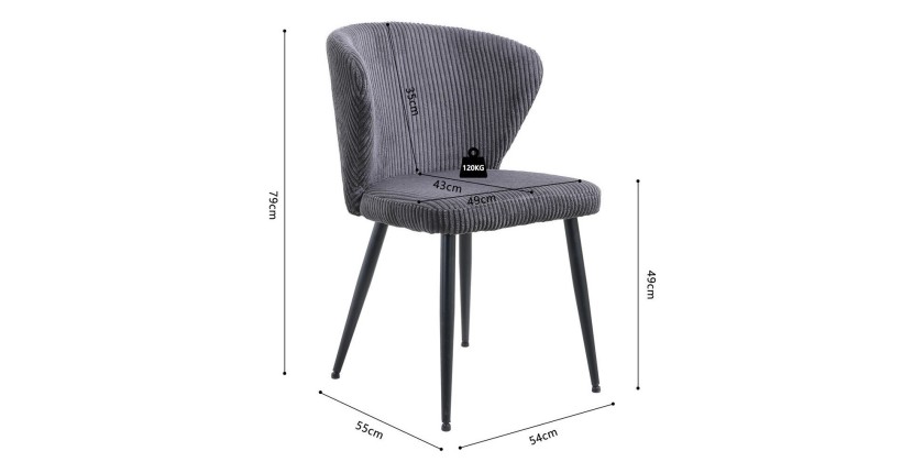 Chaise de salle à manger TORONTO – Velours côtelé gris – Pieds en métal noir – Style design