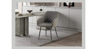 Chaise de salle à manger MARCO – Design industriel – Accoudoirs – Revêtement polyester gris – Pieds en métal noir