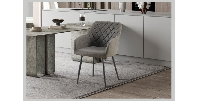Chaise de salle à manger MARCO – Design industriel – Accoudoirs – Revêtement polyester gris – Pieds en métal noir
