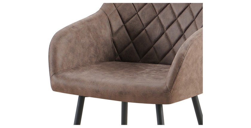 Chaise de salle à manger MARCO – Design industriel – Accoudoirs – Revêtement polyester coloris marron brun – Pieds en métal noir