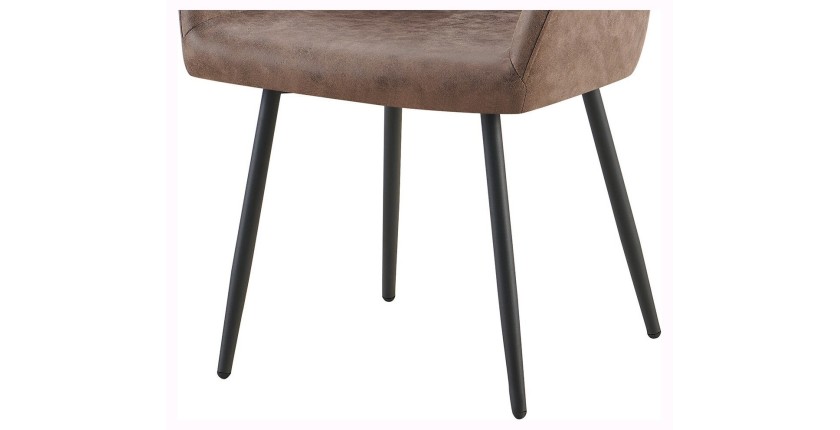 Chaise de salle à manger MARCO – Design industriel – Accoudoirs – Revêtement polyester coloris marron brun – Pieds en métal noir