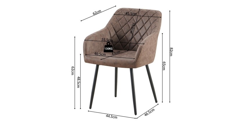 Chaise de salle à manger MARCO – Design industriel – Accoudoirs – Revêtement polyester coloris marron brun – Pieds en métal noir