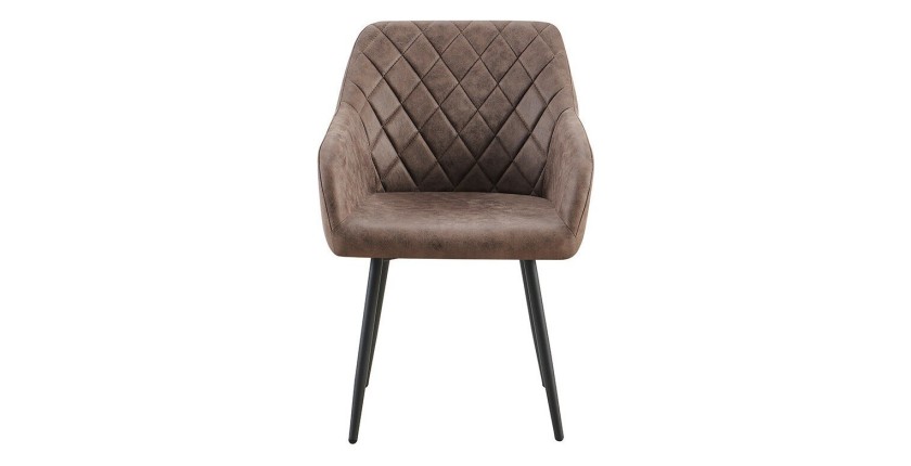 Chaise de salle à manger MARCO – Design industriel – Accoudoirs – Revêtement polyester coloris marron brun – Pieds en métal noir