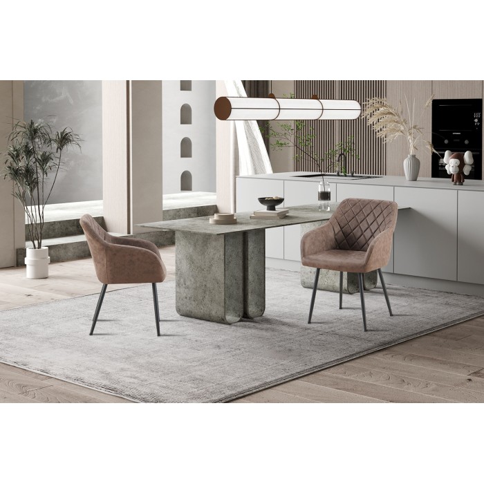 Eetkamerstoel MARCO - Industrieel ontwerp - Armleuningen - Polyester bekleding bruin - Zwarte metalen poten