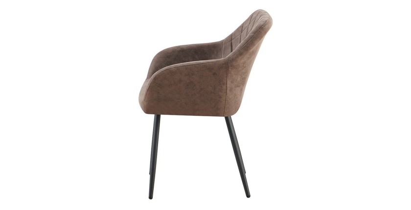 Chaise de salle à manger MARCO – Design industriel – Accoudoirs – Revêtement polyester coloris marron brun – Pieds en métal noir