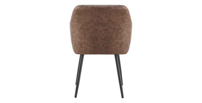Chaise de salle à manger MARCO – Design industriel – Accoudoirs – Revêtement polyester coloris marron brun – Pieds en métal noir