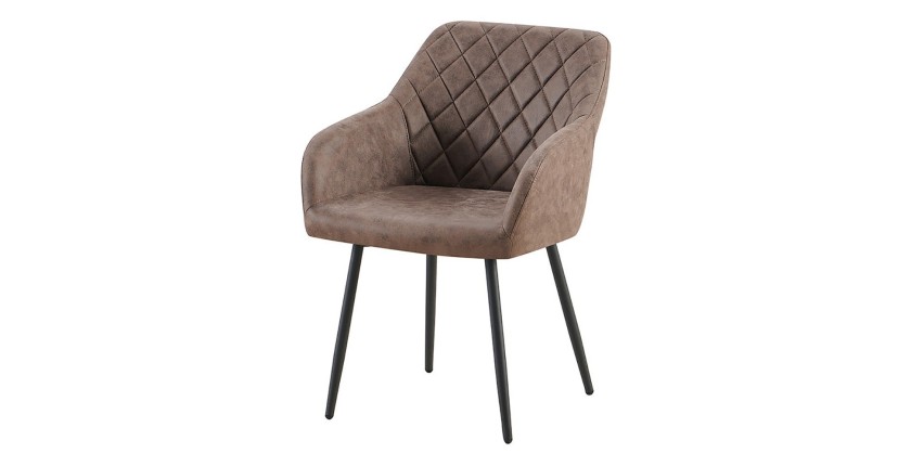 Chaise de salle à manger MARCO – Design industriel – Accoudoirs – Revêtement polyester coloris marron brun – Pieds en métal noir