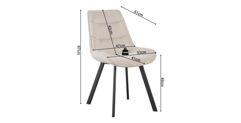 Chaise de salle à manger LOLA – Velours côtelé sable – Pieds en métal noir – Style design / industriel