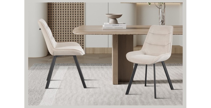 Chaise de salle à manger LOLA – Velours côtelé sable – Pieds en métal noir – Style design / industriel
