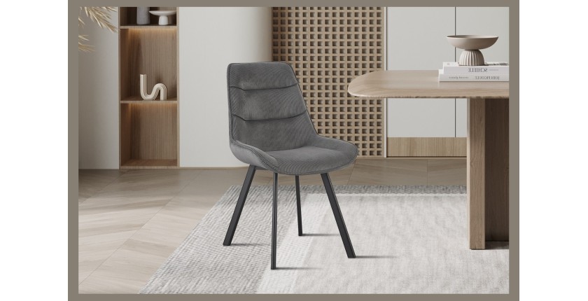 Chaise de salle à manger LOLA – Velours côtelé gris – Pieds en métal noir – Style design / industriel