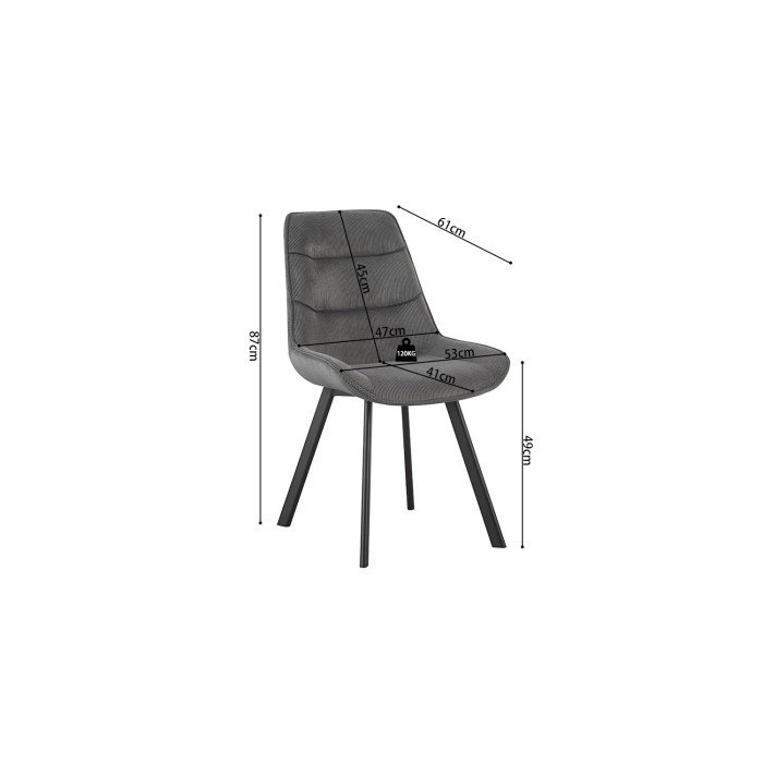 Sedia da pranzo LOLA – Velluto a coste grigio – Piedi in metallo nero – Stile design / industriale