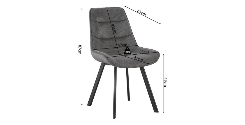 Chaise de salle à manger LOLA – Velours côtelé gris – Pieds en métal noir – Style design / industriel
