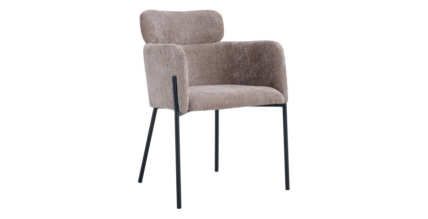 Chaise de salle à manger CAMPBELL – Tissu sable – Accoudoirs – Pieds en métal noir – Style design / industriel