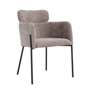 Chaise de salle à manger CAMPBELL – Tissu sable – Accoudoirs – Pieds en métal noir – Style design / industriel