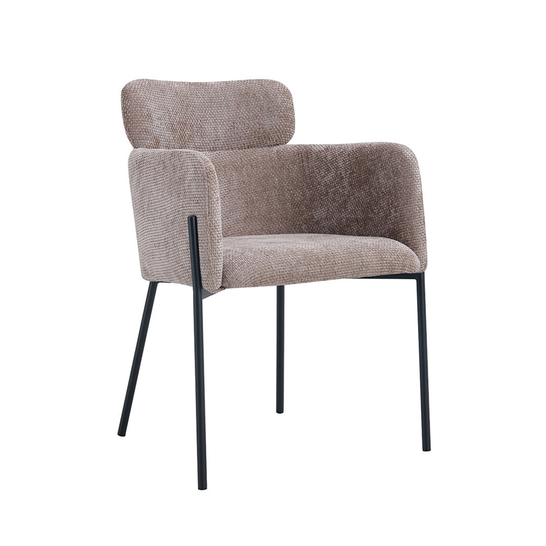Chaise de salle à manger CAMPBELL – Tissu sable – Accoudoirs – Pieds en métal noir – Style design / industriel