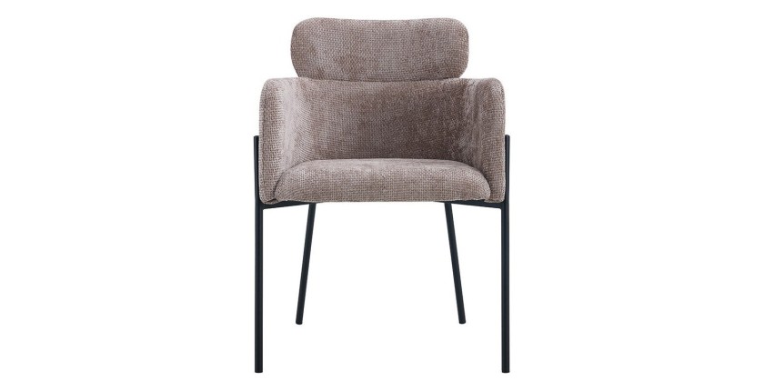 Chaise de salle à manger CAMPBELL – Tissu sable – Accoudoirs – Pieds en métal noir – Style design / industriel