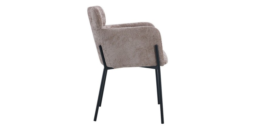 Chaise de salle à manger CAMPBELL – Tissu sable – Accoudoirs – Pieds en métal noir – Style design / industriel