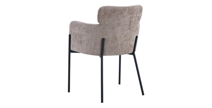 Chaise de salle à manger CAMPBELL – Tissu sable – Accoudoirs – Pieds en métal noir – Style design / industriel