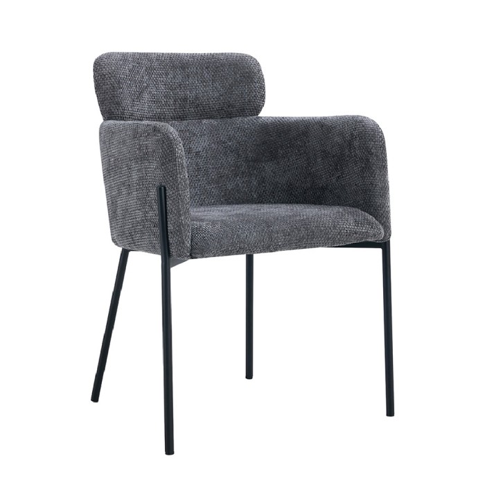 Chaise de salle à manger CAMPBELL – Tissu gris – Accoudoirs – Pieds en métal noir – Style design / industriel
