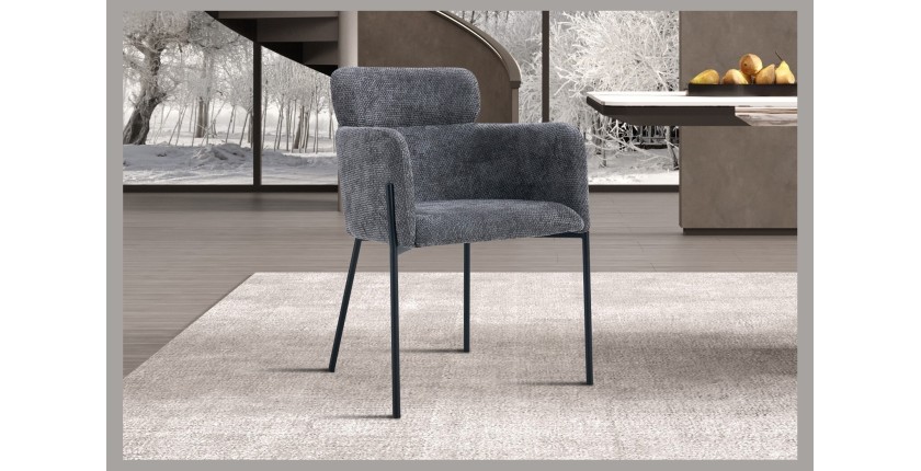 Chaise de salle à manger CAMPBELL – Tissu gris – Accoudoirs – Pieds en métal noir – Style design / industriel
