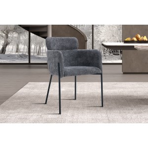 Chaise de salle à manger CAMPBELL – Tissu gris – Accoudoirs – Pieds en métal noir – Style design / industriel
