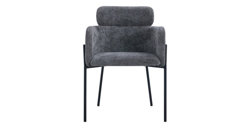 Chaise de salle à manger CAMPBELL – Tissu gris – Accoudoirs – Pieds en métal noir – Style design / industriel