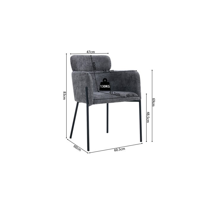 Eetkamerstoel CAMPBELL – Grijze stof – Armleuningen – Zwarte metalen poten – Design / industrieel stijl