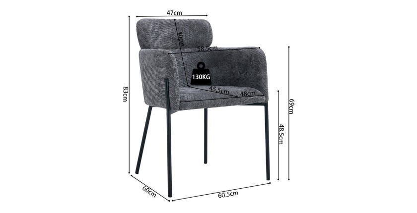 Sedia da pranzo CAMPBELL – Tessuto grigio – Braccioli – Gambe in metallo nero – Stile design / industriale