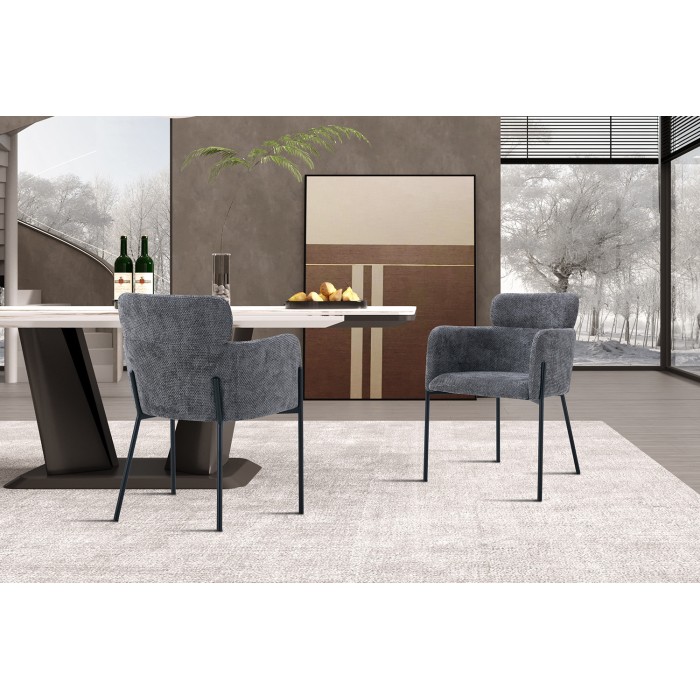Eetkamerstoel CAMPBELL – Grijze stof – Armleuningen – Zwarte metalen poten – Design / industrieel stijl