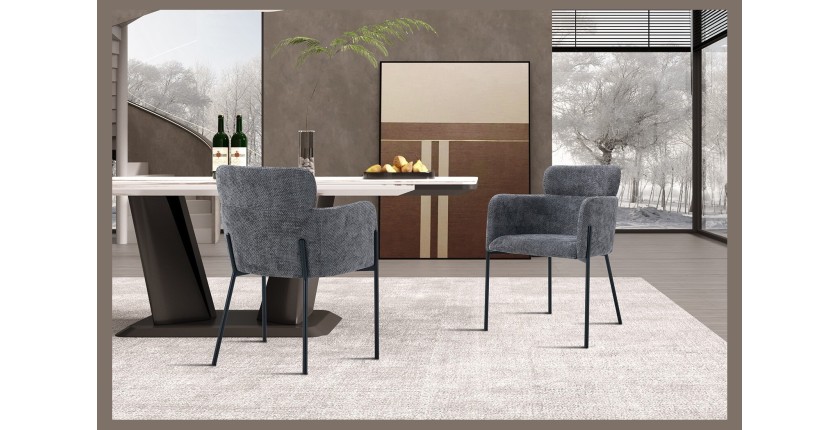 Chaise de salle à manger CAMPBELL – Tissu gris – Accoudoirs – Pieds en métal noir – Style design / industriel