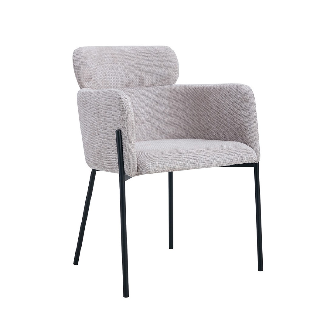 Chaise de salle à manger CAMPBELL – Tissu beige clair – Accoudoirs – Pieds en métal noir – Style design / industriel
