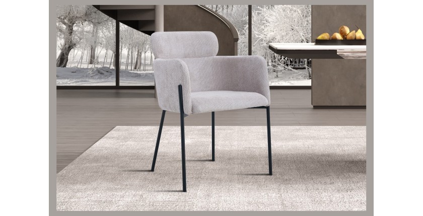 Chaise de salle à manger CAMPBELL – Tissu beige clair – Accoudoirs – Pieds en métal noir – Style design / industriel