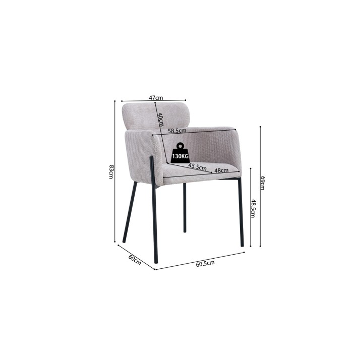 Eetkamerstoel CAMPBELL – Lichtbeige stof – Armleuningen – Zwarte metalen poten – Design / industriële stijl