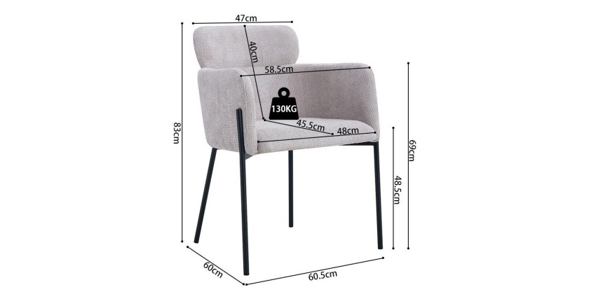Chaise de salle à manger CAMPBELL – Tissu beige clair – Accoudoirs – Pieds en métal noir – Style design / industriel