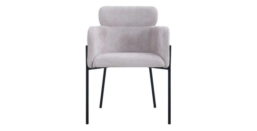 Chaise de salle à manger CAMPBELL – Tissu beige clair – Accoudoirs – Pieds en métal noir – Style design / industriel